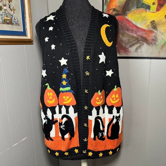 Vtg Halloween Knit Vest ( Small ) Black Cat Pumpkins Tiara - Picture 1 of 6
